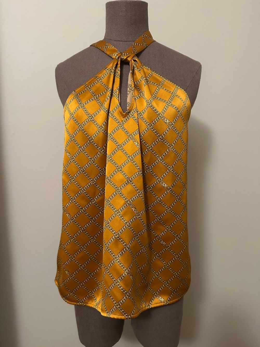 MICHAEL Michael Kors Mustard Yellow Geometric Chain-Print Halter Shell size M